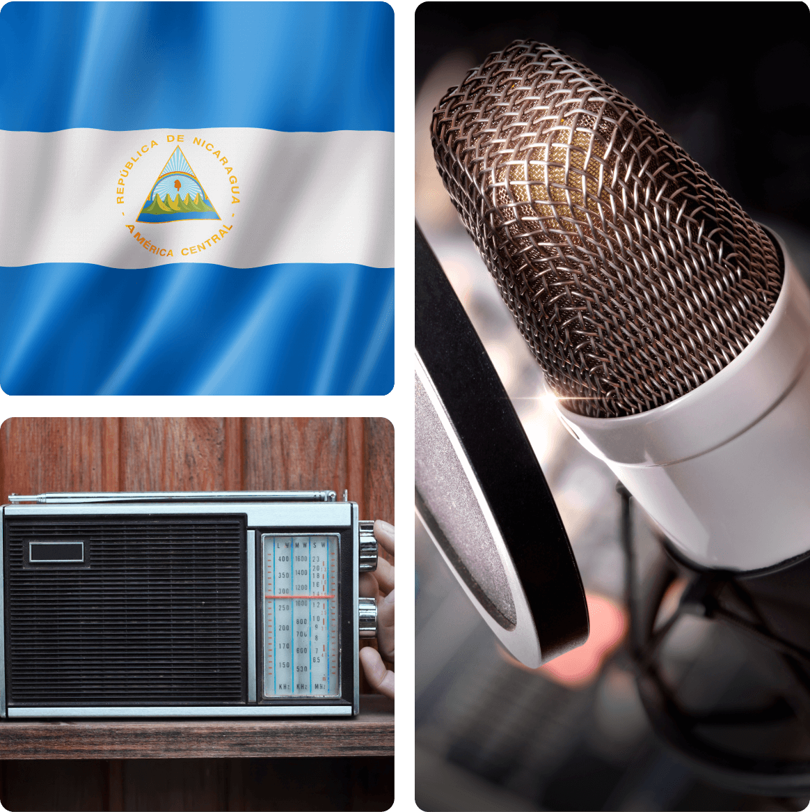 1 Nicaragua flag, microphone, and vintage radio collage.