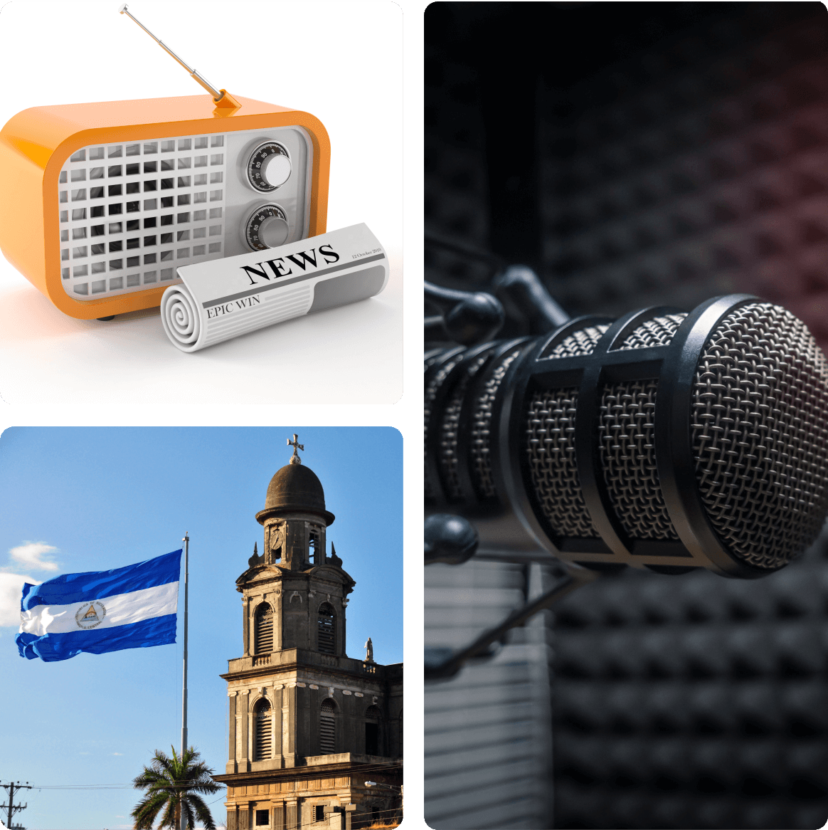 2 Radio, microphone, newspaper, and Salvadoran flag.