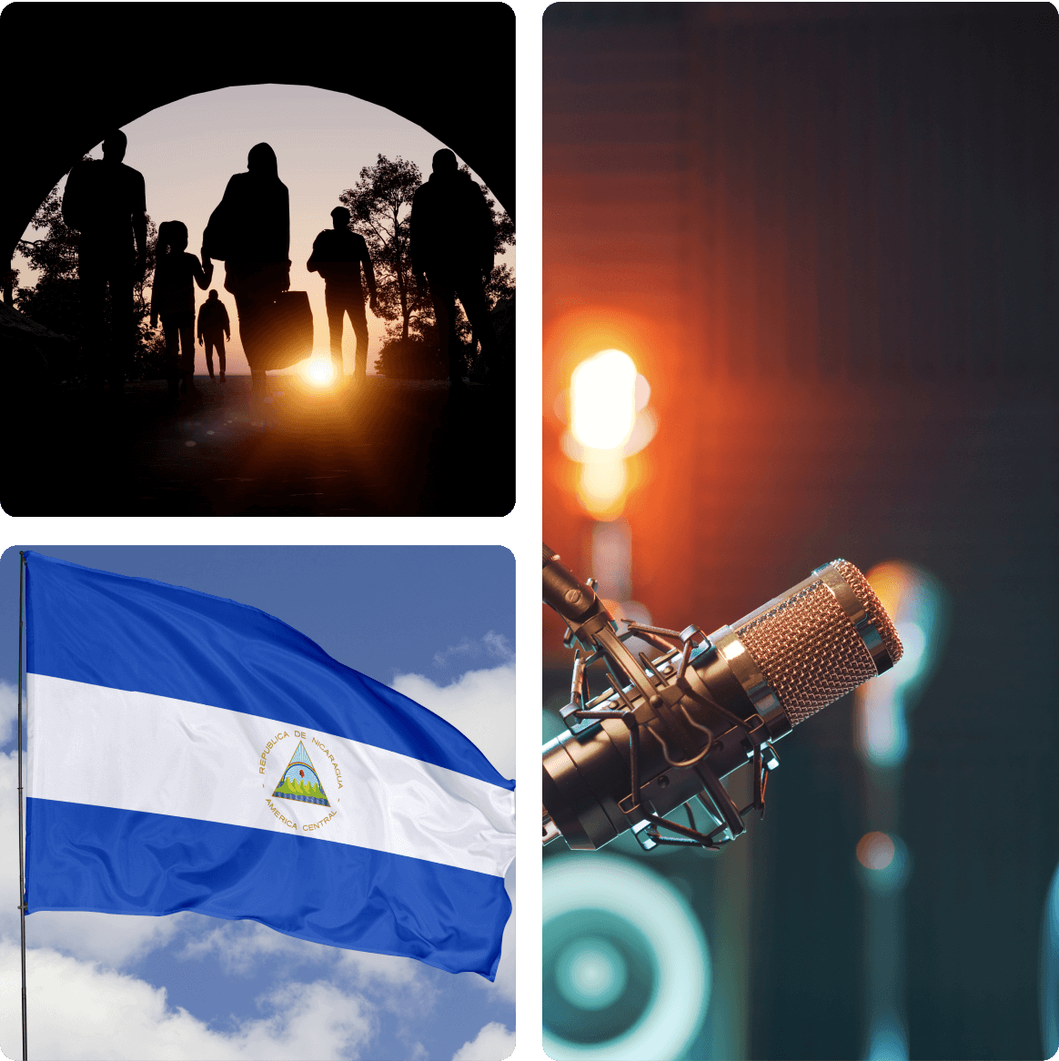Silhouetted travelers, microphone, Nicaraguan flag.