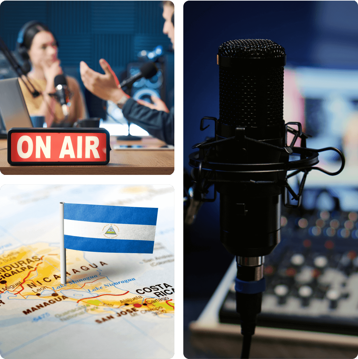 Radio broadcast with microphone and Nicaraguan flag.