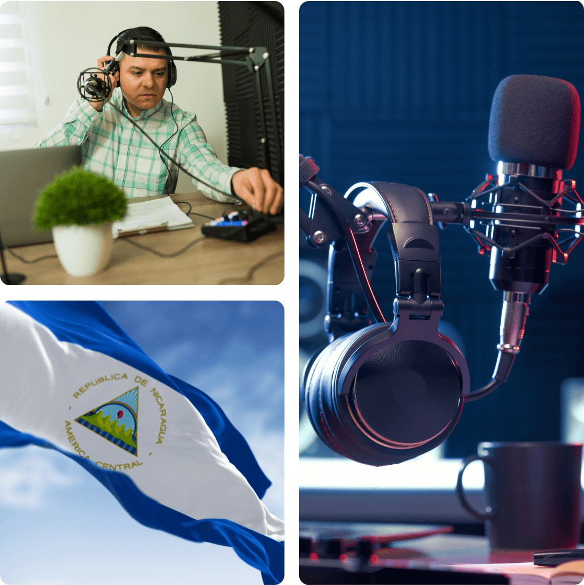 Radio host, microphone, headphones, Nicaraguan flag.