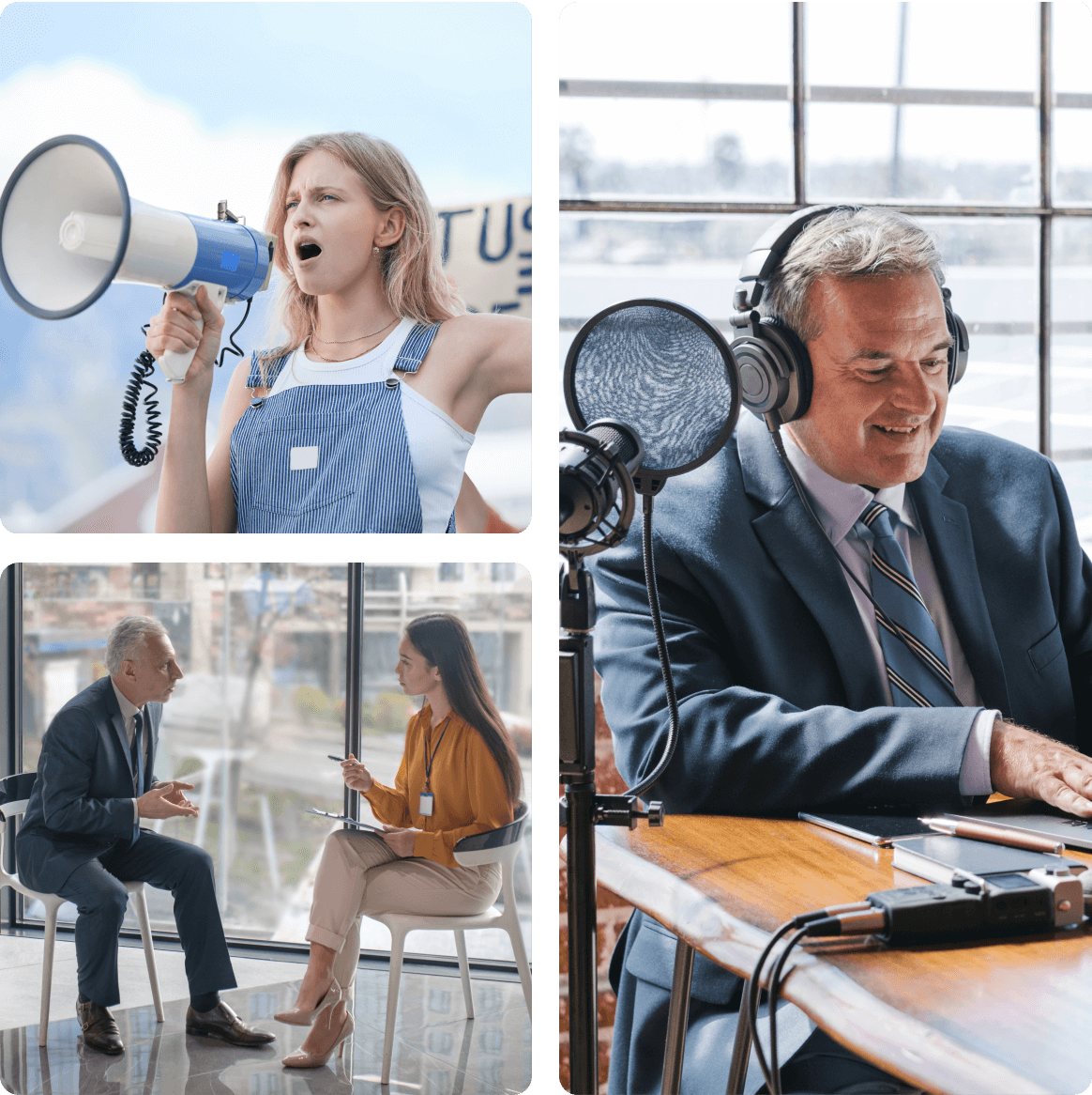 Group 1321317501 (1) Collage: protester, businessman, interview, podcast recording.