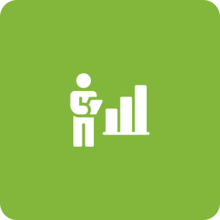 A person standing next to a bar graph.