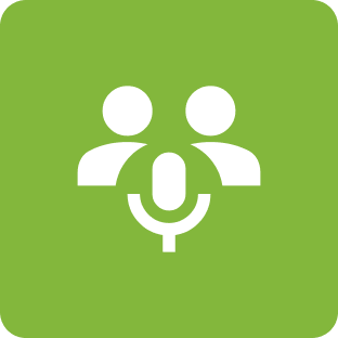 A green square with two people and a microphone.